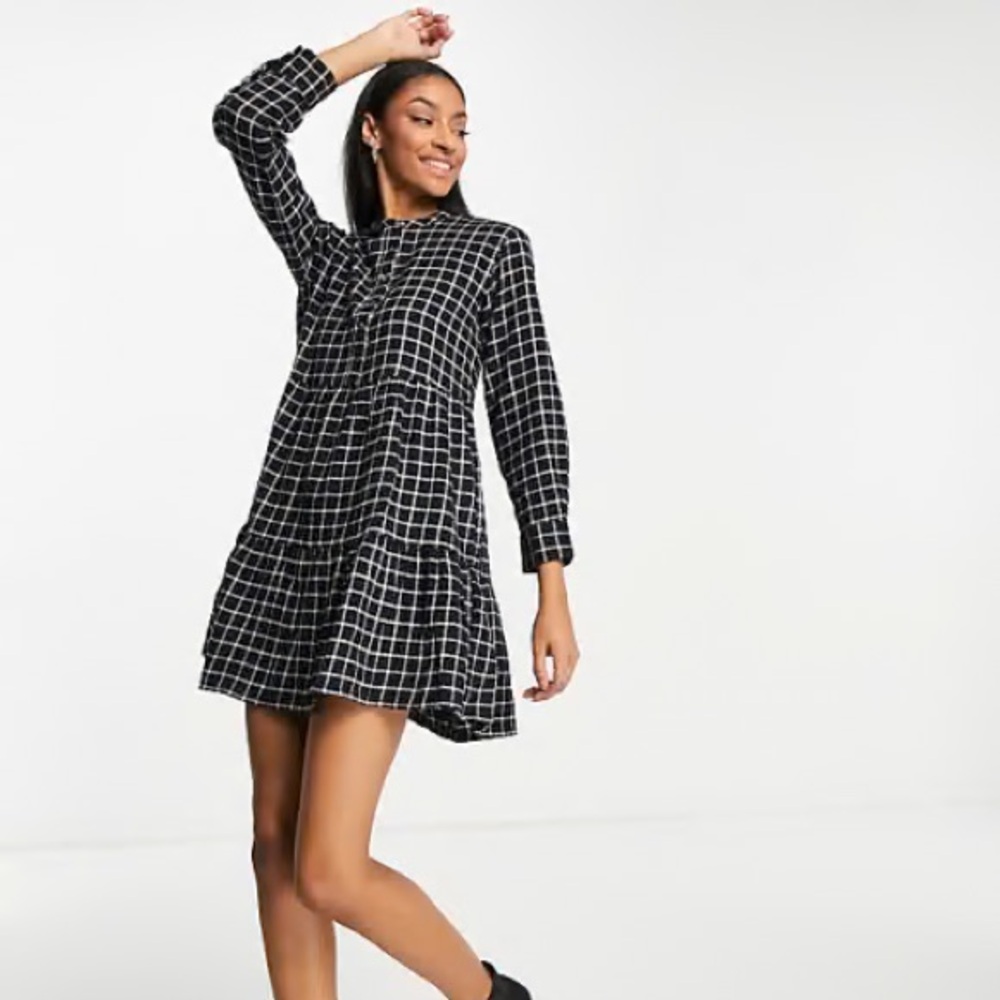 Madewell black plaid tiered dress XS